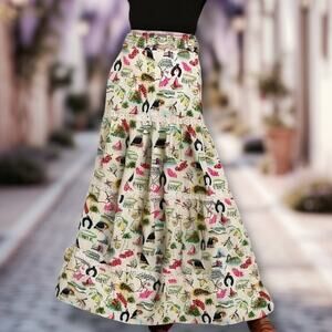 Isolda Size 2 Tropical Motif Tiered Maxi Skirt White‎ Maximalist Artsy Toucan